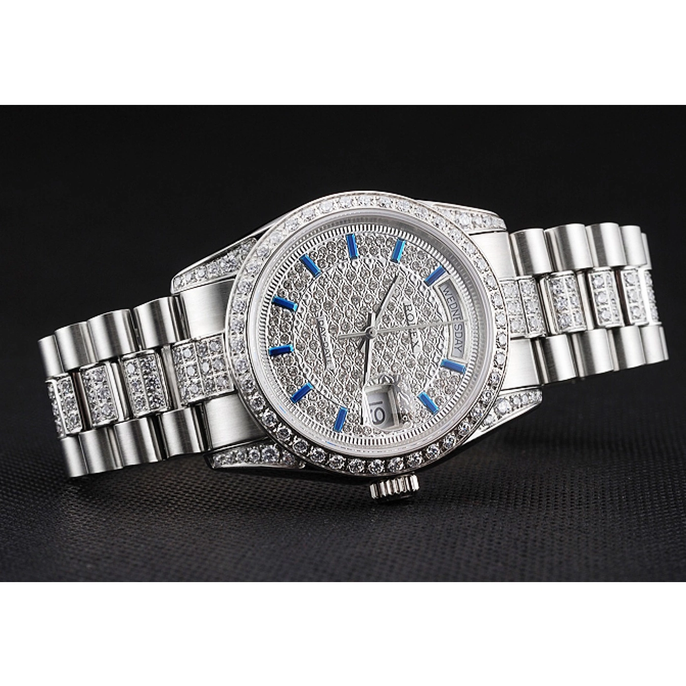 MiroTime 0712 Swiss Rolex Day Date Diamond Pave Dial And Bezel And Stainless Steel Bracelet
